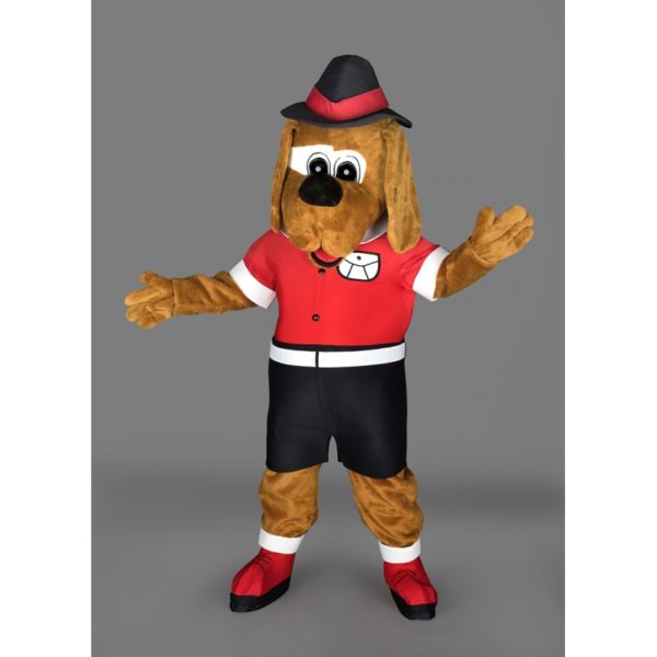 Costume peluche de qualité ou mascotte pour se déguiser en chien avec un chapeau.