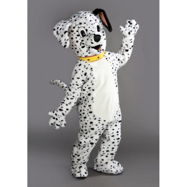 Costume peluche de qualité ou mascotte pour se déguiser en chien dalmatien.