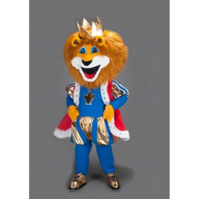 Costume peluche de qualité ou mascotte pour se déguiser en lion royal bleu et or.