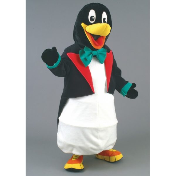 Costume peluche de qualité ou mascotte pour se déguiser en pingouin avec une queue de pie.