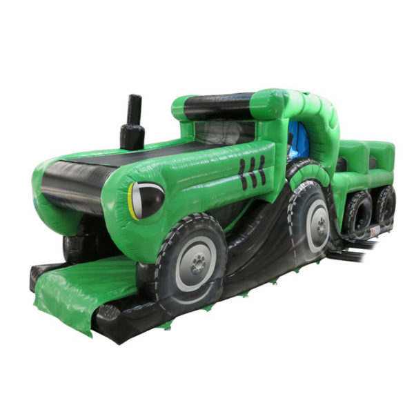 Parcours gonflable en forme de tracteur proposé par Lukylud. Parcours gonflable avec des obstacles de jeu et un toboggan gonflable.