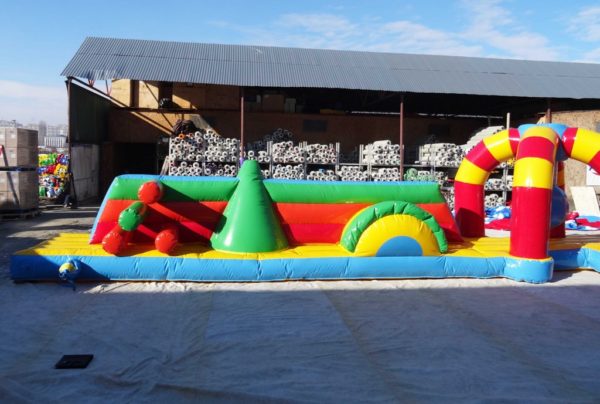 Jeux de piscine parcours gonflable double embuche avec obstacles.