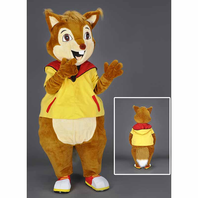 Déguisement écureuil mascotte écureuil avec un sweat jaune.