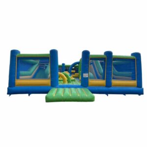 jeu gonflable d'occasion de 100 m² avec 2 toboggans gonflables et de nombreux jeux gonflables ludiques.