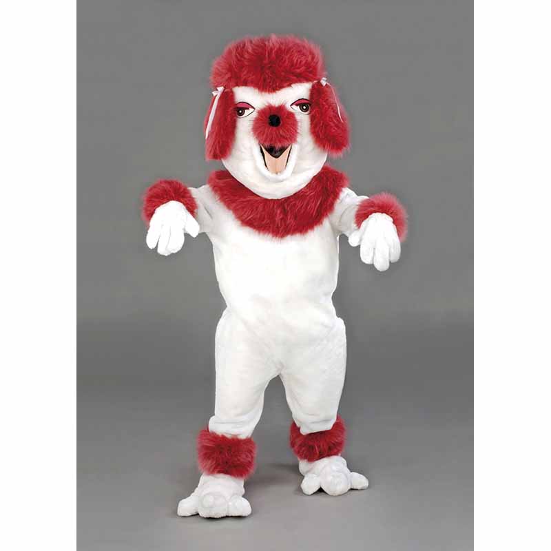 Mascotte caniche blanc et rose, ce déguisement chien est vraiment drôle.