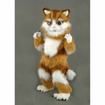 Mascotte chat roux, un déguisement chat à longs poils tout doux.