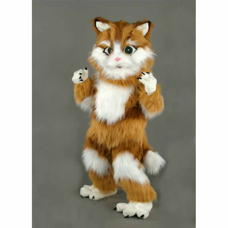 Mascotte chat roux, un déguisement chat à longs poils tout doux.