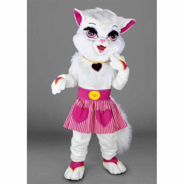 Mascotte chatte blanche coquette, un déguisement chatte original.