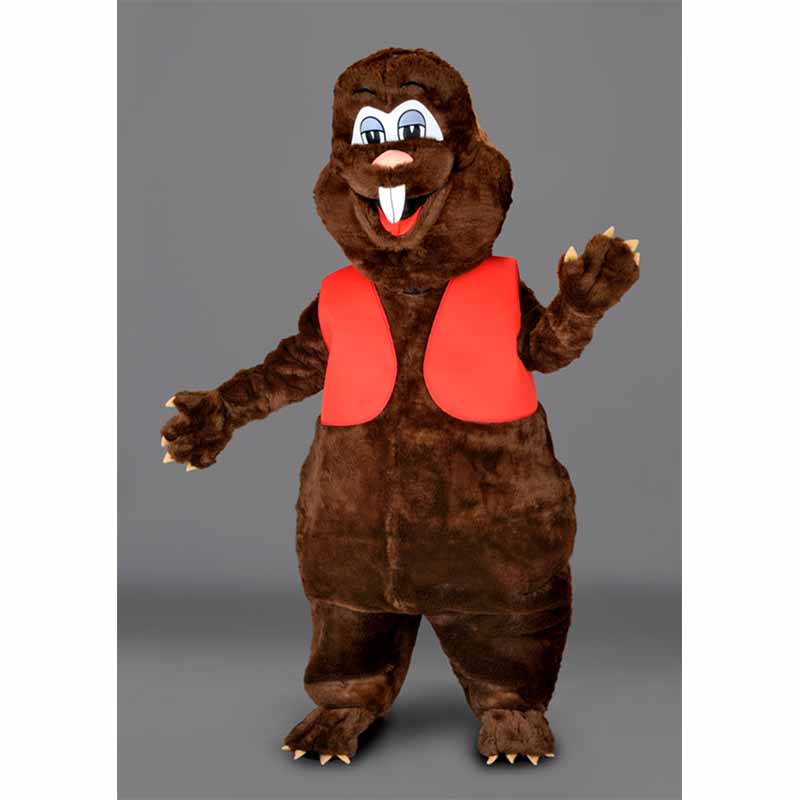 Mascotte déguisement marmotte au gilet rouge.