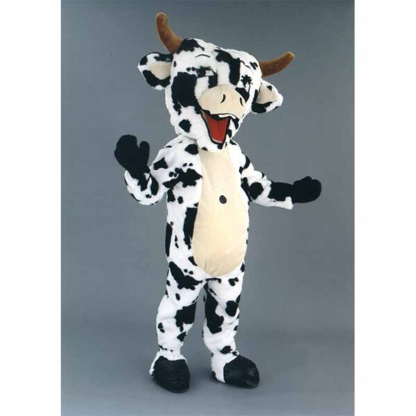 Mascotte déguisement vache noire et blanche.