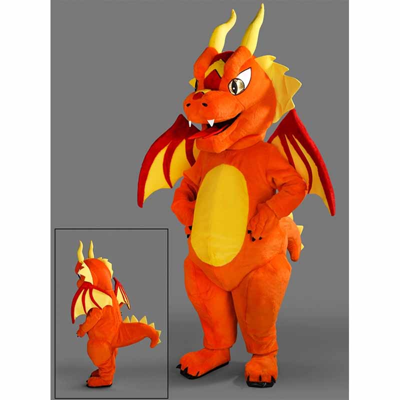 Mascotte dragon orange, pour des histoires enchantées.