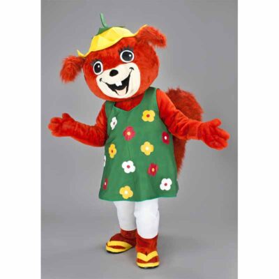 Mascotte écureuil robe verte, ce déguisement écureuil au féminin est vraiment élégant.