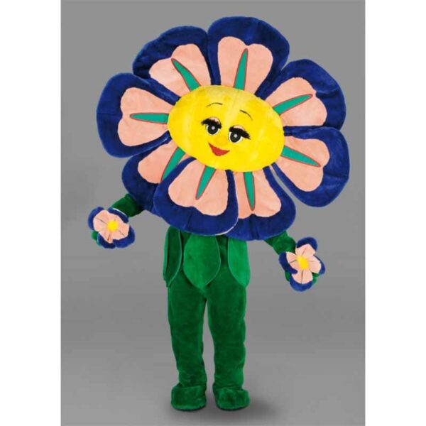 Mascotte fleur bleue, un déguisement nature très qualitatif.