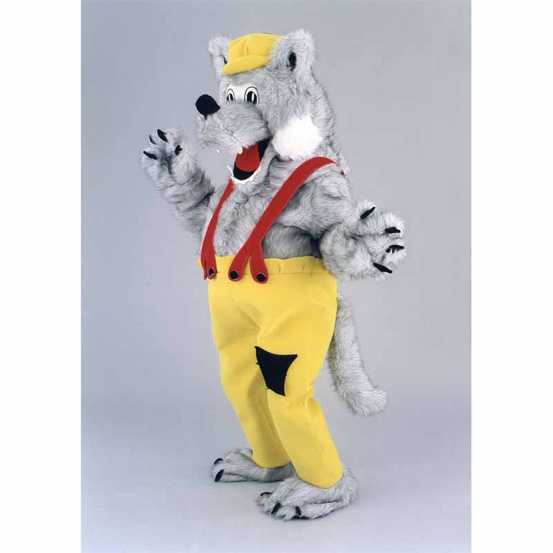 Mascotte loup gris en salopette, déguisement original.