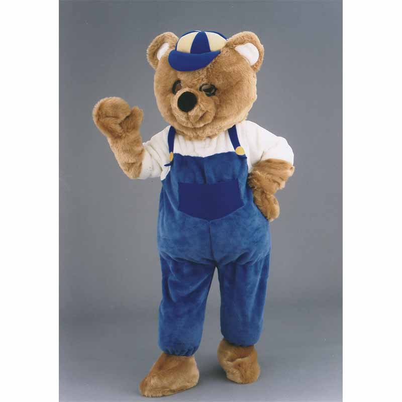 Mascotte ours bricoleur, déguisement nounours rigolo.