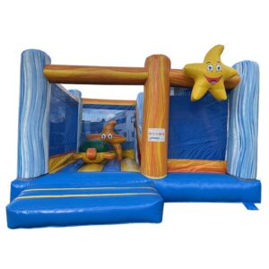 Château gonflable professionnel d'occasion avec toboggan et jeux.