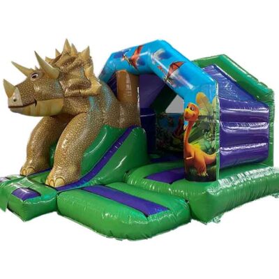 Château gonflable toboggan dino triceratops décoré préhistoire.